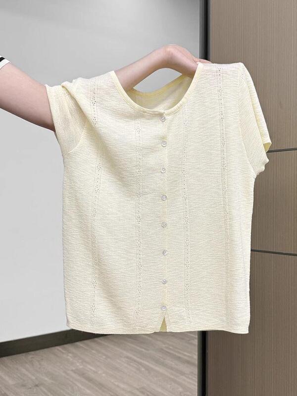 Goose Yellow Textured Round Neck Short-Sleeved Knitted Cardigan for Women 2026 Summer Hollow-Out Slim-Fit Short Top