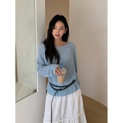 黄峥温柔慵懒风羊毛混纺圆领套头针织衫女秋季宽松长袖罩衫530073