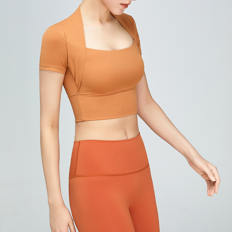 Nude Yoga superior de manga corta de las mujeres de la Copa fija ropa de fitness correr deportes camiseta de secado rápido transpirable ropa de yoga apretado