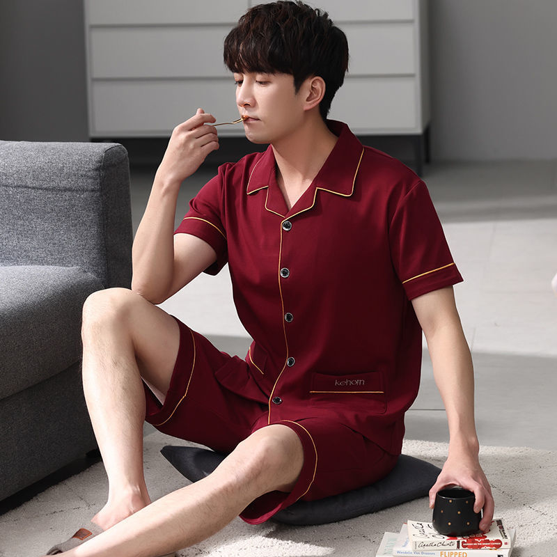 Pijamas de hombre ropa de verano 100% algodón pantalones de manga corta chaqueta juvenil traje de homewear delgado de mediana edad