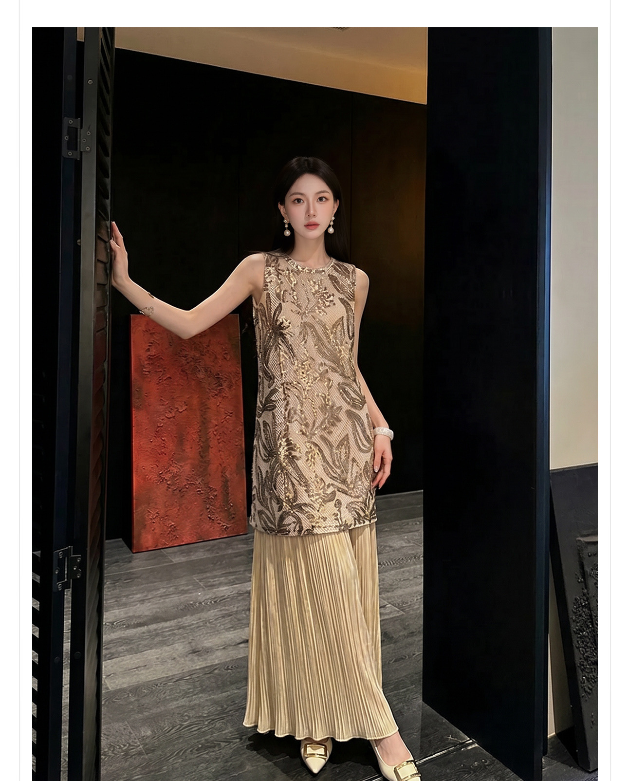 Đầm maxi nữ thắt eo phong cách Tân Trung Hoa họa tiết thêu nổi — Trà cà phê chi tiết 12
