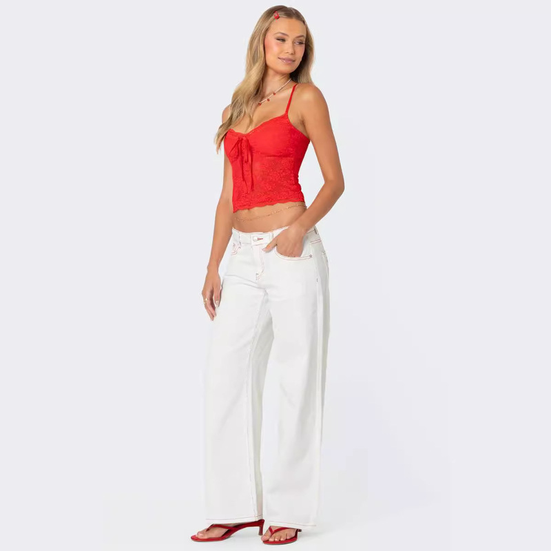 Factory Direct Sales European and American Early Autumn New White Jeans Bow Strawberry Cute Patch Straight Low Waist Loose