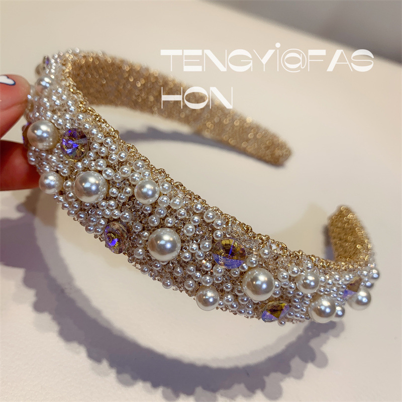Women's Glam Korean Style Plaid Resin Inlay Crystal Pearl Hair Band display picture 4