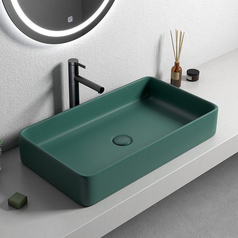 Nórdico verde oscuro Mesa lavabo cuadrado lavabo baño balcón mini lavabo de cerámica lavabo único lavabo