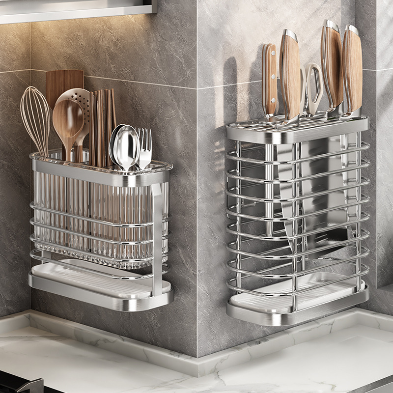 Stainless Steel Chopsticks Holder Hole-free Knife Rack Spoon Kitchen Tool Storage Rack Wall Mounted Countertop Double Use Shelf 