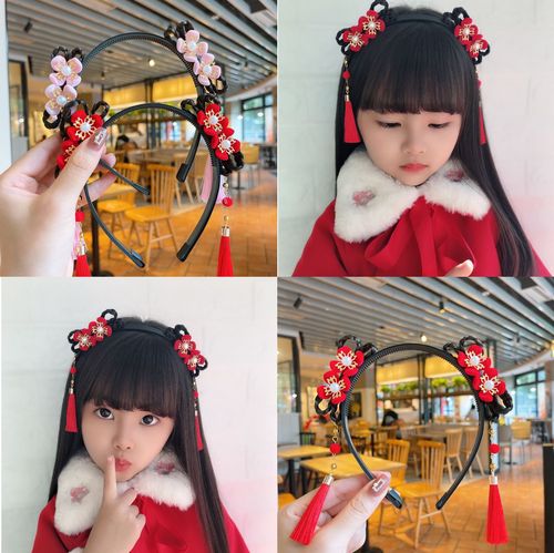 New year festive Tang suit hanfu head hoop red Flower headdress Children's chinese dress stage performance hair accessories baby Little girl headband