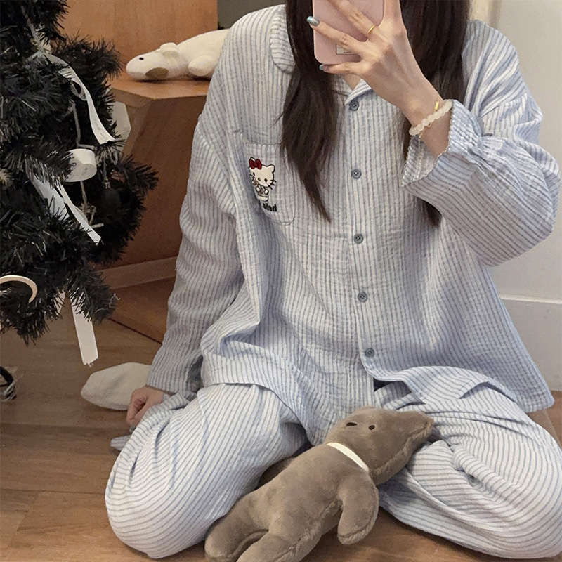 韩系蓝色条纹睡衣女春秋季新款婴儿纯棉纱布长袖卡通家居服两件套|undefined