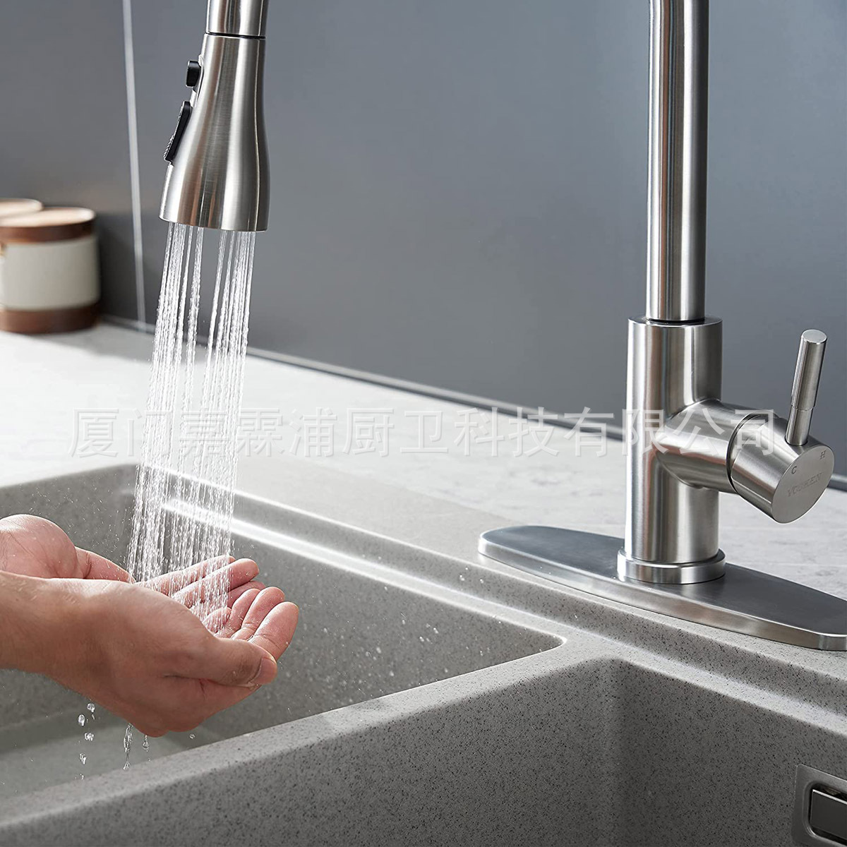 Cross-border kitchen sink, three-function, double-blade water, mesh water, small waist, pull-out faucet, shower head Item Picture