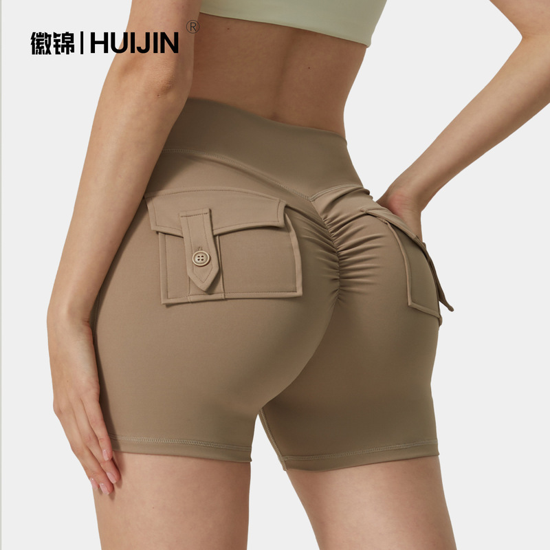 Cross-Border Amazon Pocket Sports Shorts Fitness Yoga Shorts with No Awkward Lines, Hip-Lifting Peach Butt Shorts for Women