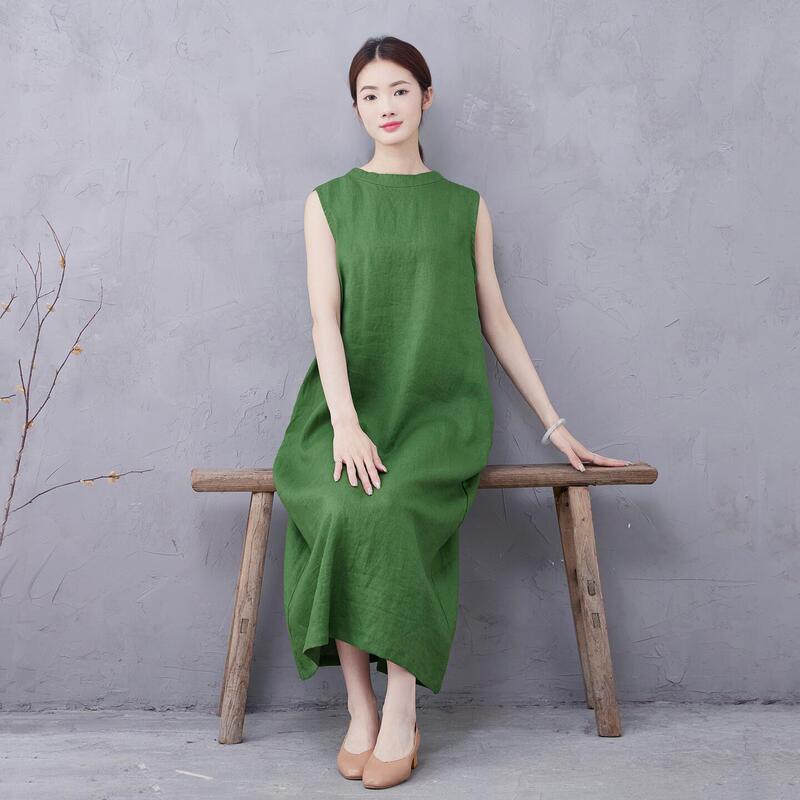 Real Shot of Linen Forest Green Vest Dress Sleeveless Fresh Long Skirt Summer New Women's Solid Color Inner Wear and Outer Wear Real Shot of Linen Forest Green Vest Dress Sleeveless Fresh Long Skirt Summer New Women's Solid Color Inner Wear and Outer Wear