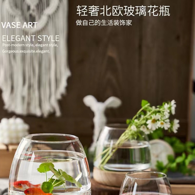 Jarrón de vidrio transparente con soporte de madera de estilo japonés, planta hidropónica de rábano verde, pecera ecológica, arreglo floral de escritorio simple, decoración