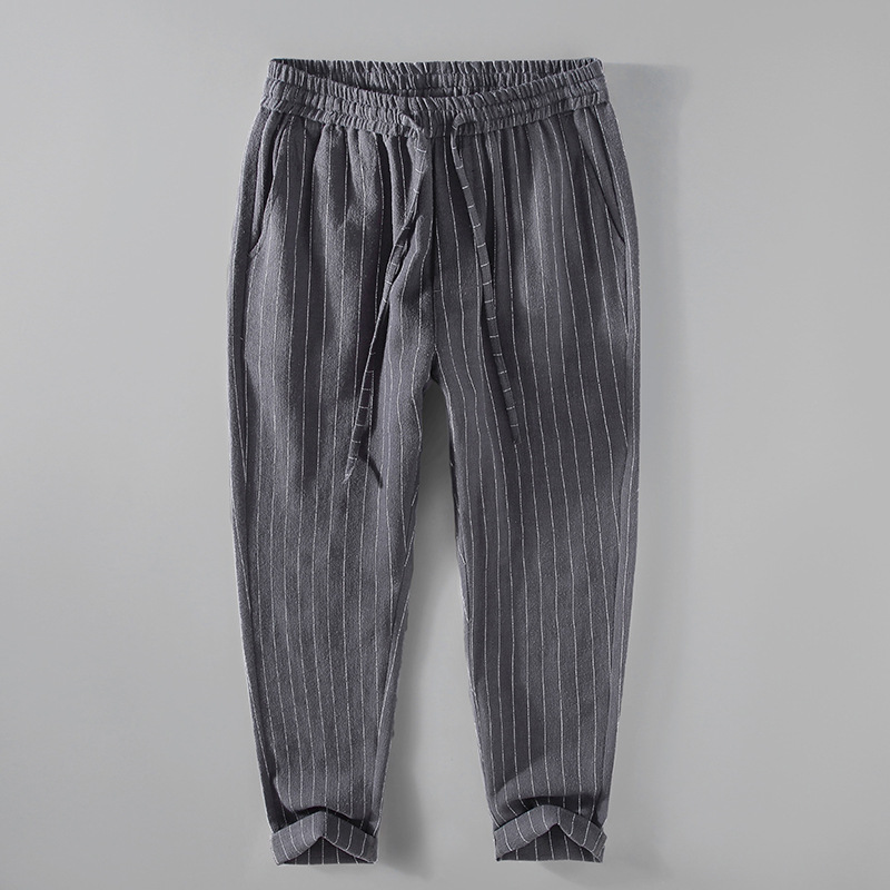 Spring New Men's Cotton and Hemp Thin Breathable Casual Versatile Loose Hemp Harlen Pants Small Feet Crop Pants_voghion.com