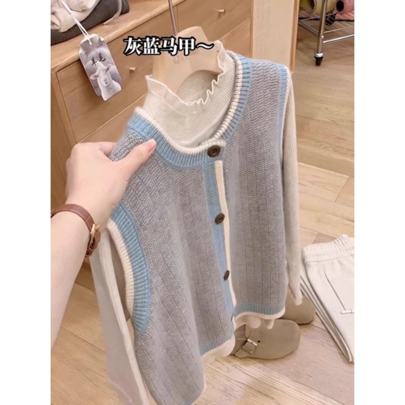 撞色针织马甲开衫女秋冬叠穿外搭坎肩背心上衣|undefined