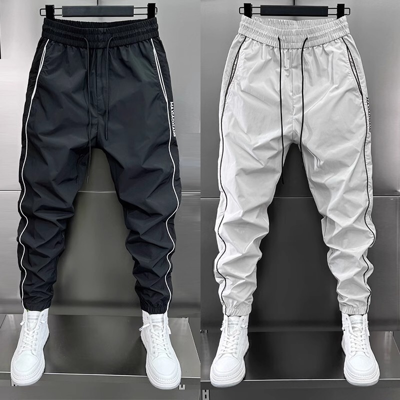 Summer Thin Quick-Drying Stylish Casual Pants with Perforated Breathable Air-Conditioning Pants, Side Stripe Splicing, Jogger Harem Pants for Men