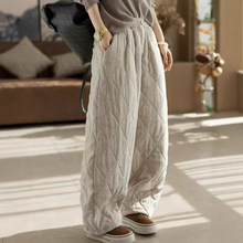 2025冬季韩版宽松复古风汉麻菱格绗线夹棉松紧腰棉裤保暖休闲裤女