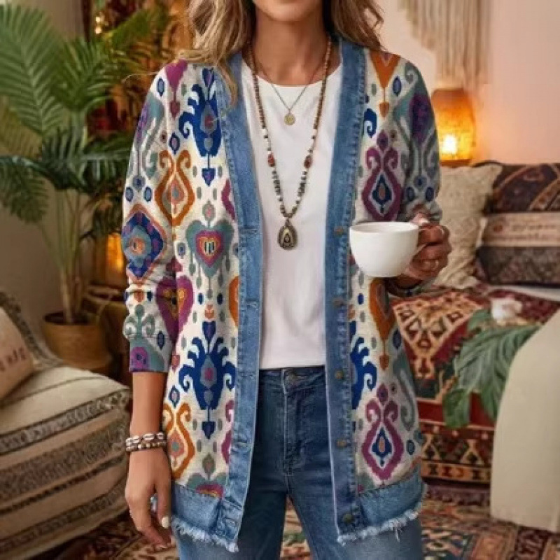 European and American cross-border abstract retro print spring and autumn women's 3D digital print loose hooded sweatshirt cardigan jacket