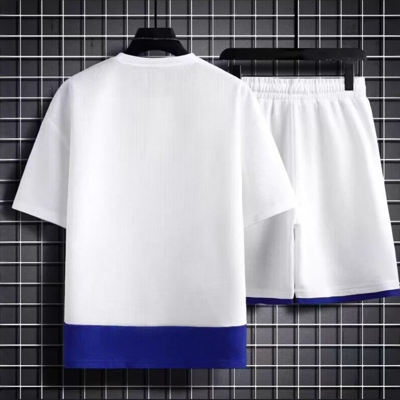 Camisas y menos ropa, waffle de verano, traje deportivo, pantalones cortos de manga corta casuales de comercio exterior sueltos delgados para hombres, traje de dos piezas