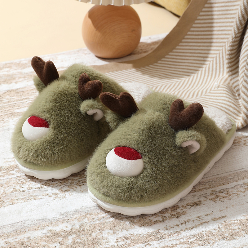Zapatillas de algodón para mujer, alce navideño, pantuflas peludas de otoño e invierno, para interior del hogar, antideslizantes, cálidas zapatillas de algodón para niños