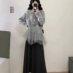 F5紫色挂脖针织衫毛衣女2025新款秋冬大码显瘦绝美网纱下摆半身裙