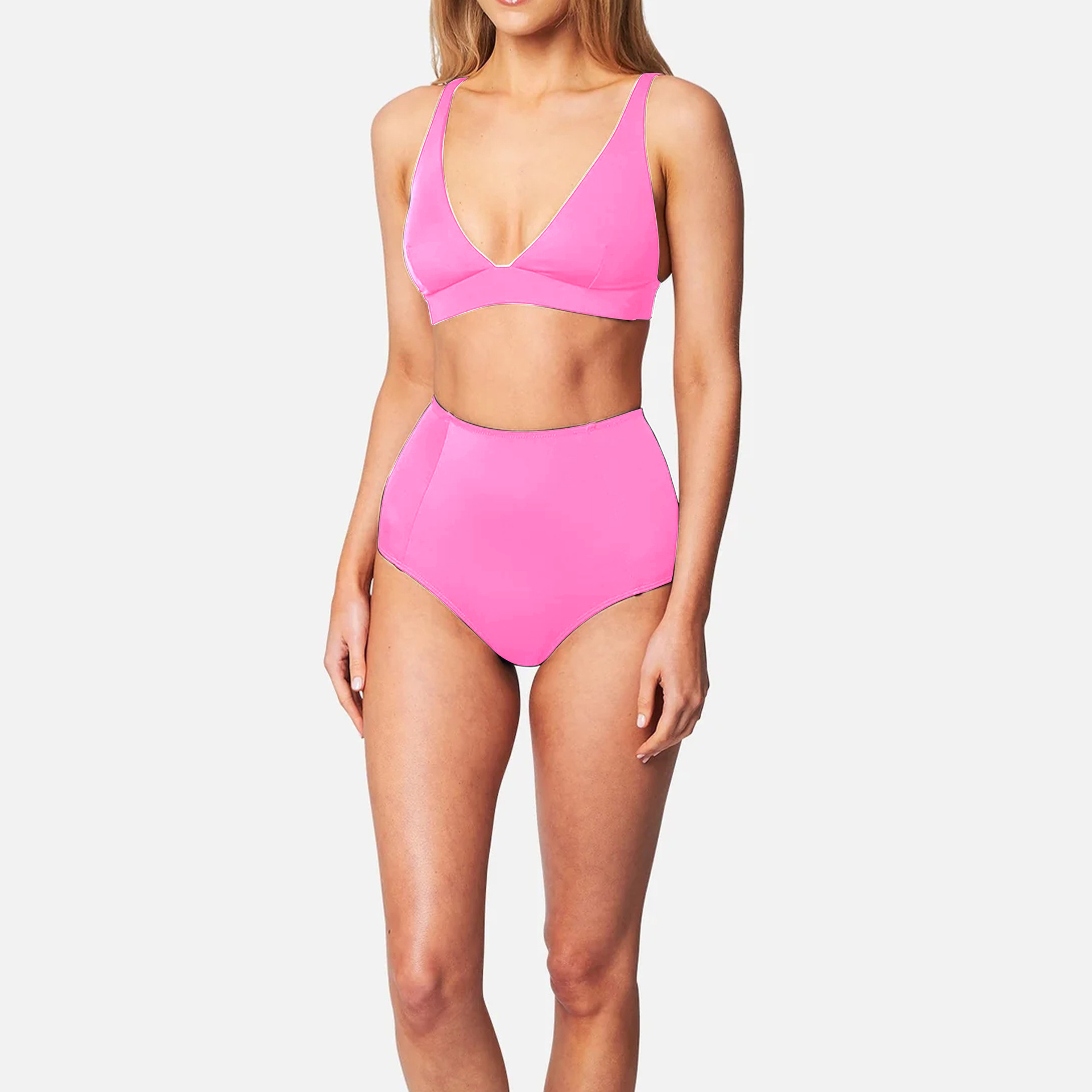 High-waisted Two Piece Bikini Solid Colour Swimsuit For Women_voghion.com