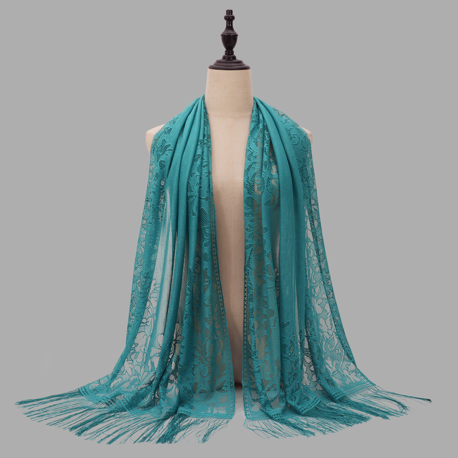 Sommerlicher langer Schal/Kopftuch, einfarbig, mit Spitze, Quasten und Lochmuster, aus Seide für Damen_voghion.com