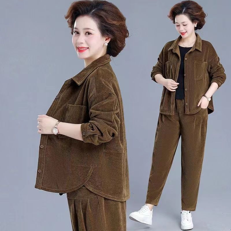 妈妈装时尚感灯芯绒套装女2025秋冬加厚加绒中老年休闲两件套|undefined