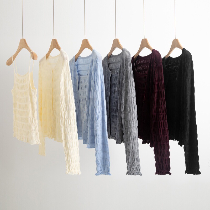 Off-White Pleated Texture Knitted Camisole Two-Piece Top Camisole Knitted Cardigan High Elasticity Fairy Off-White Pleated Texture Knitted Camisole Two-Piece Top Camisole Knitted Cardigan High Elasticity Fairy