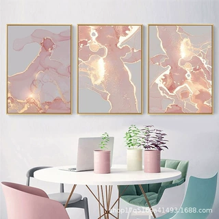 粉色帆布画大理石印刷艺术品简约家居装饰画抽象几何画芯三联L框