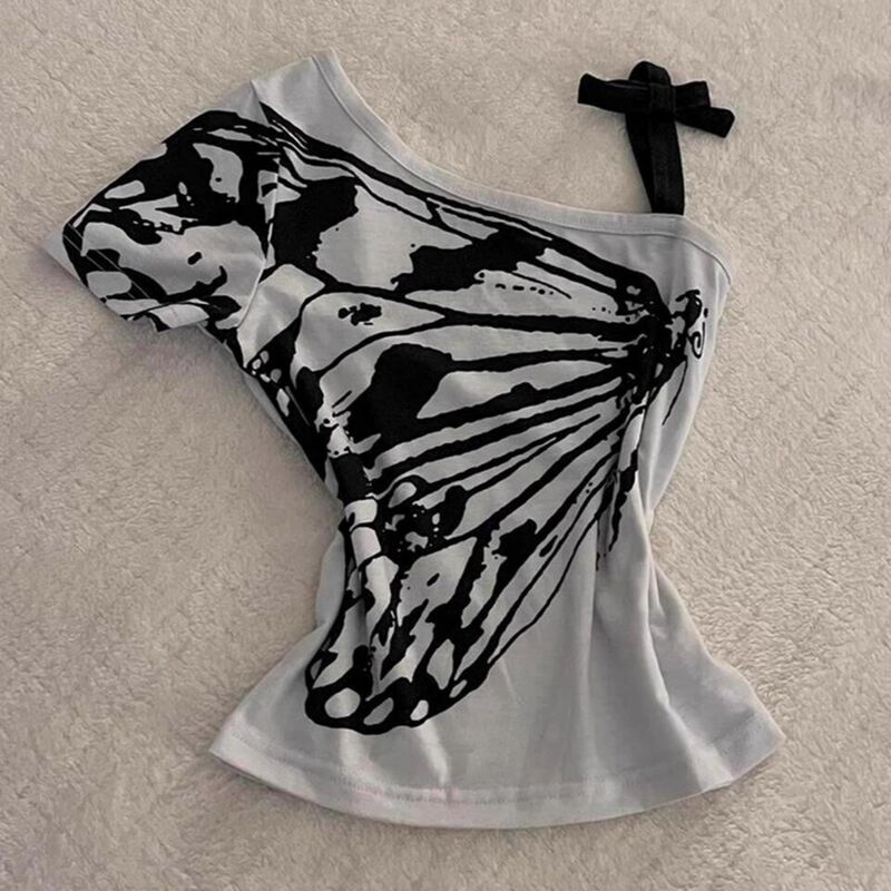 Pure Cotton American Retro Off-Shoulder Suspenders 2025 New T-Shirt Sexy Summer Slimming Look Waist Short-Sleeved Top