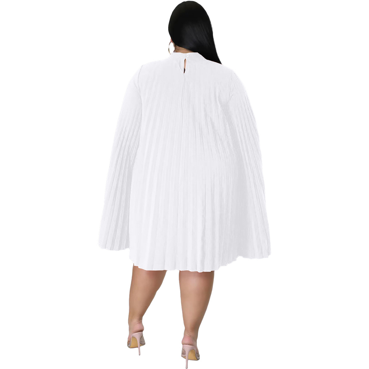 Fashion Solid Color Round Neck Long Sleeve Patchwork Polyester Plus Size Knee-Length Pleated Skirt