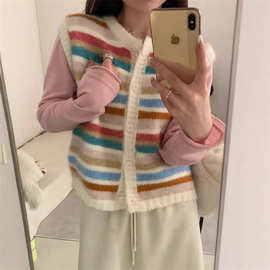韩系清新甜美彩虹条纹撞色针织衫马甲女2025圆领开衫休闲叠穿毛衣
