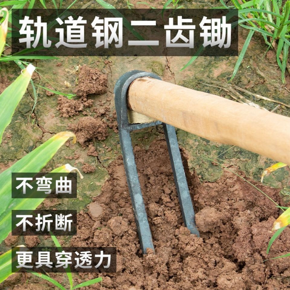 Full steel long-handled forged two-tooth hoe, dual-purpose digging, land development, vegetable planting, field cultivation agricultural tool, two-tooth agricultural rake