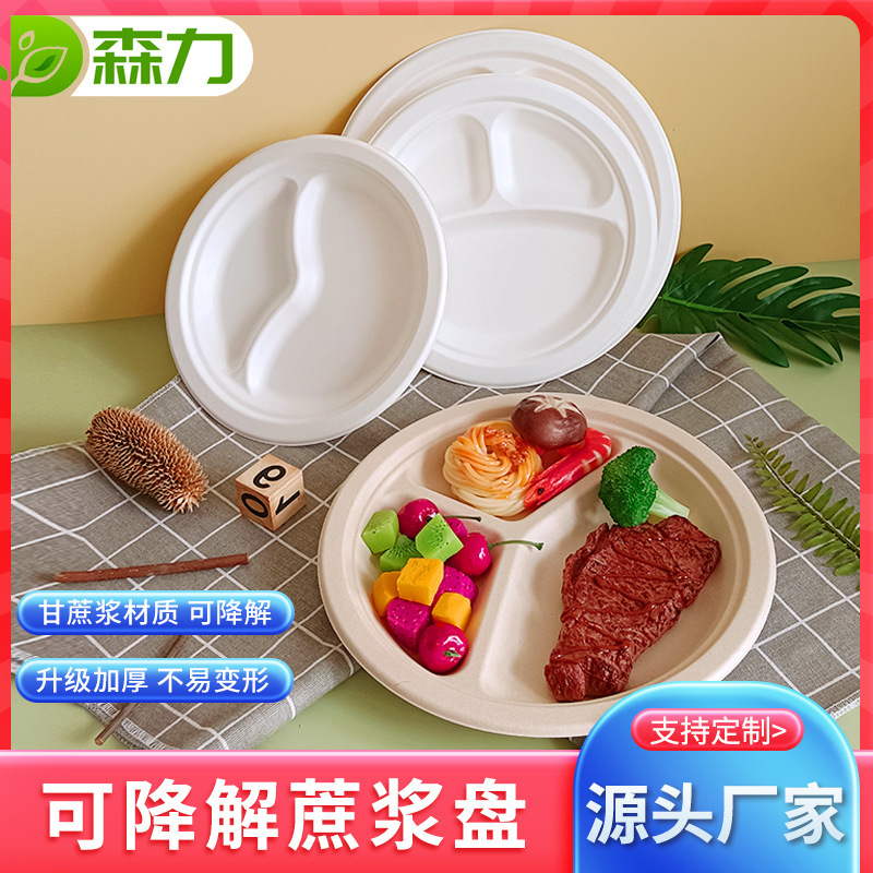 Customized Disposable Biodegradable Three-Compartment Portion Control Plate for Breakfast, Barbecue Plate, 9inch Three-Compartment Round Plate