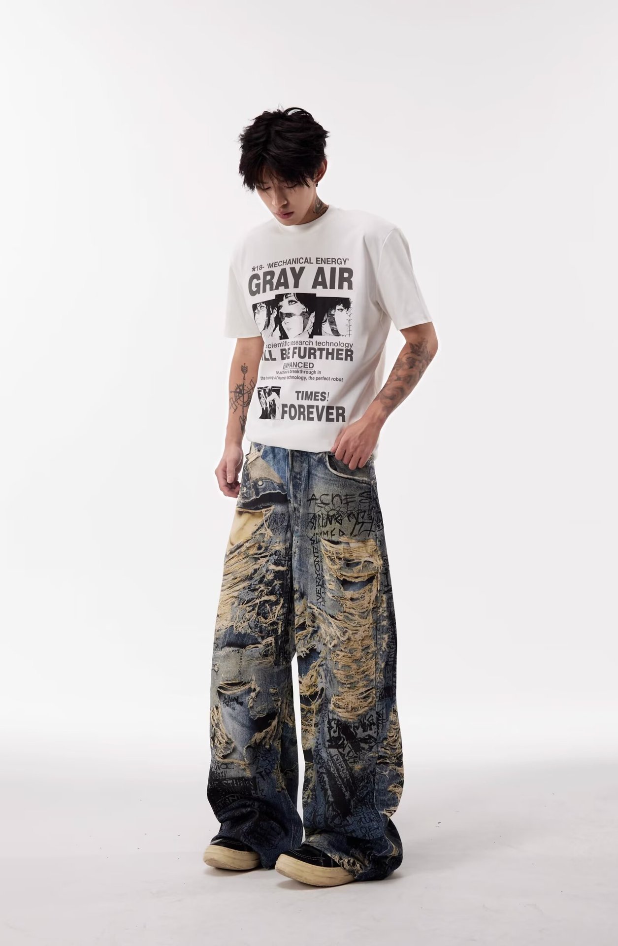 Herren Graffiti Destroyed Jeans Gerade Lockerer Streetstyle_voghion.com
