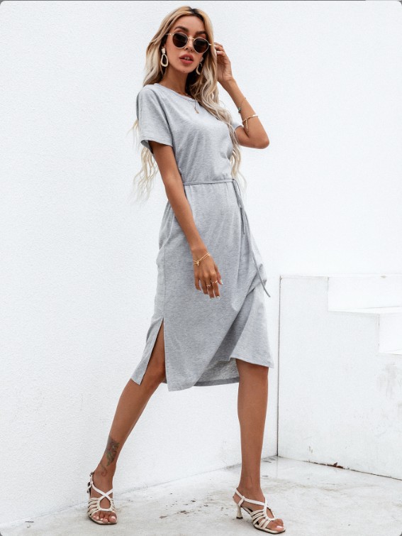 Solid Color Short Sleeves Loose Dress NSGXY98698