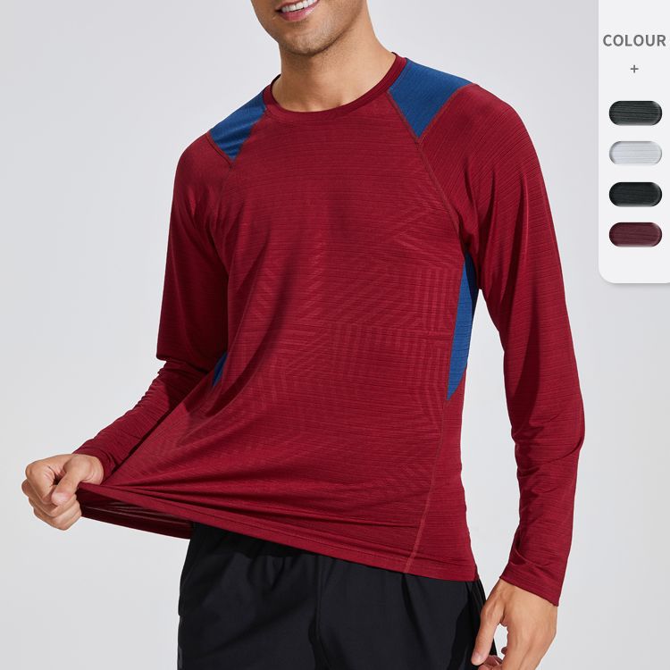 Ropa de secado rápido a juego de color de moda para hombres nueva de cuatro agujas de seis líneas cuello redondo transpirable fitness running baloncesto deportes Camiseta de manga larga