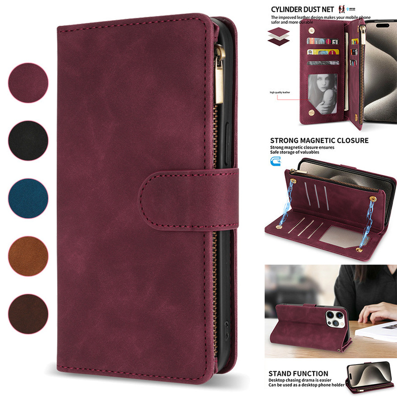 Suitable for Apple 16E16Promax15Plus14131211 Multi-Zipper Mobile Phone Flip Wallet Leather Case