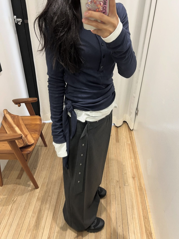 2天/low小高领可开扣立领修身弹力款长袖T恤下摆系带打结设计上衣|undefined
