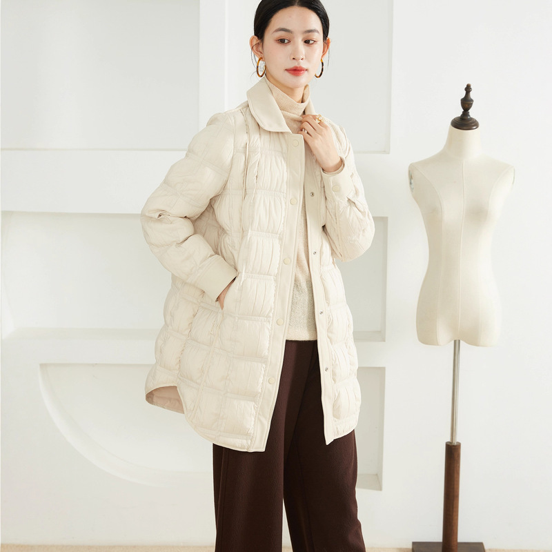 High-End 90% White Goose down Waterproof Pleated Mid-Length down Jacket with Turn-Down Collar and Snap Buttons, Casual Warm Coat