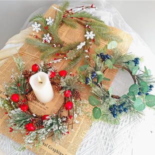 Cross-border New Product Berry Pine Branches Candlestick Garment Pine Candle Snowflake Christmas Candle Rattan Circle Home Decorative Layout