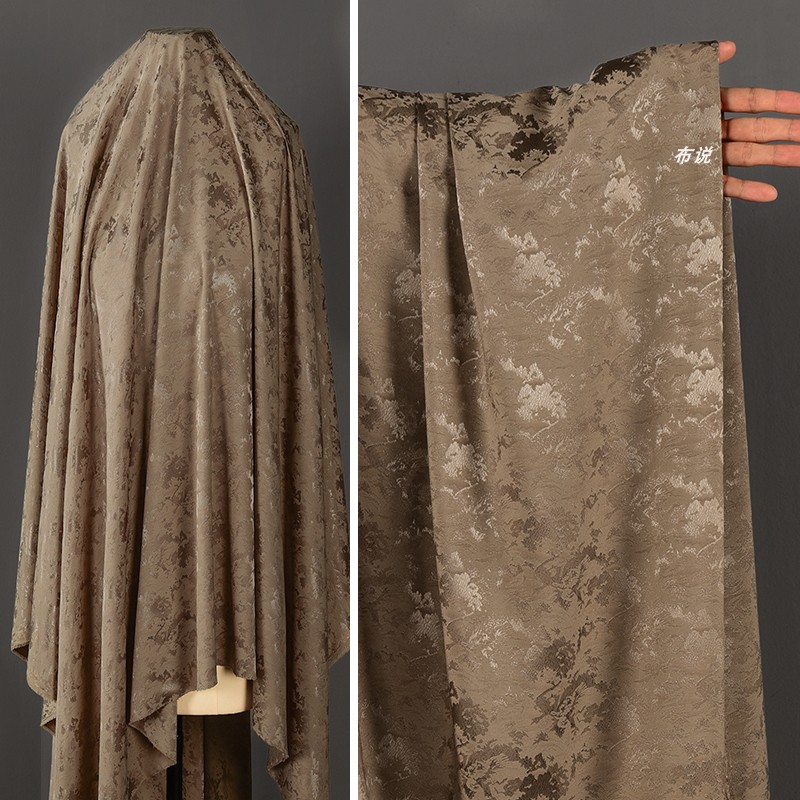 棕色卡其色 双色仿醋酸提花面料 新中式缎面连衣裙旗袍中国风布料