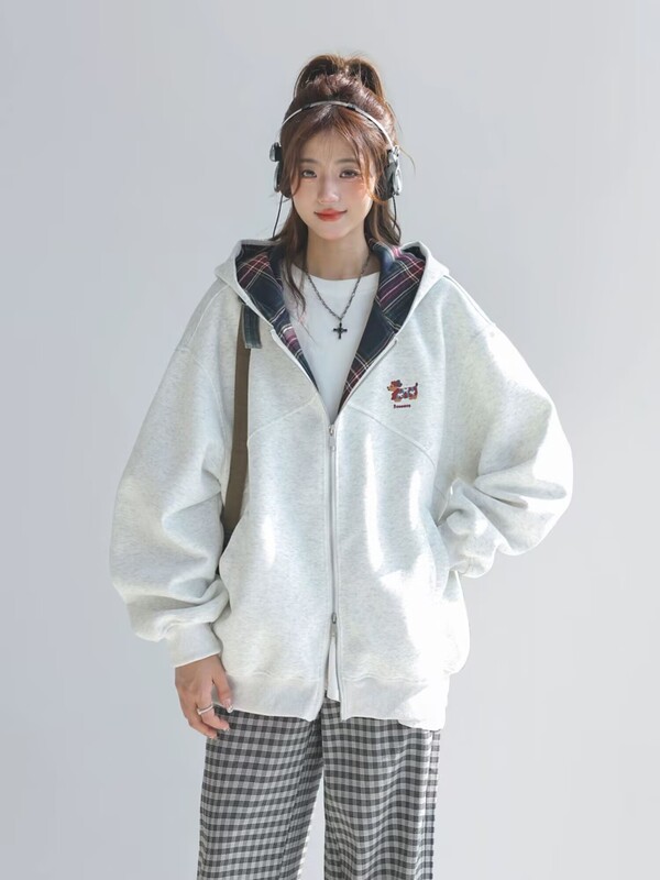 韓国チェック柄ステッチダックスフント刺繍ジャケット女性のための春と秋の怠惰なルーズスウェットシャツカーディガンライトブルーフラワーグレー|undefined