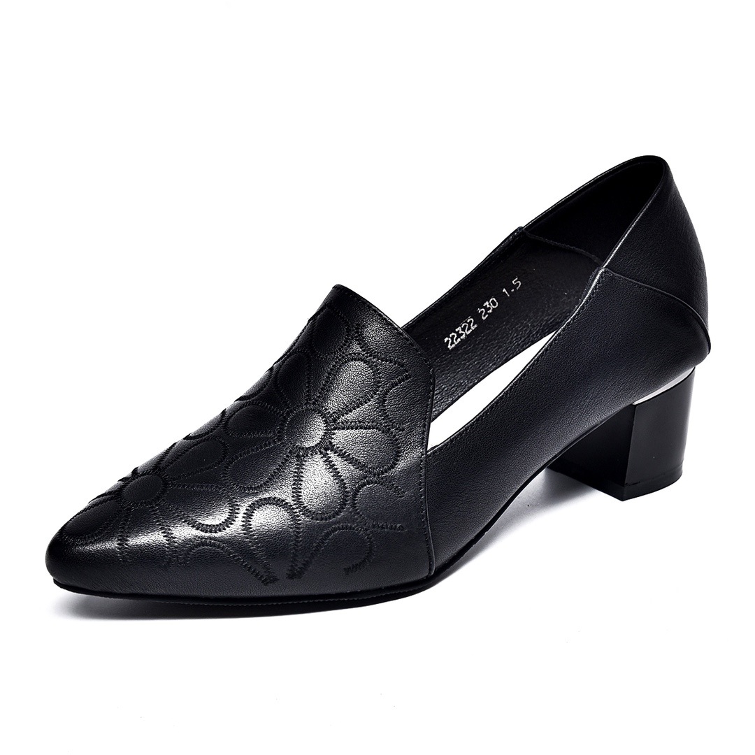 Giày nữ da bò mềm đế mềm gót vuông 5 cm phong cách retro — Gót giữa KAKI 5cm