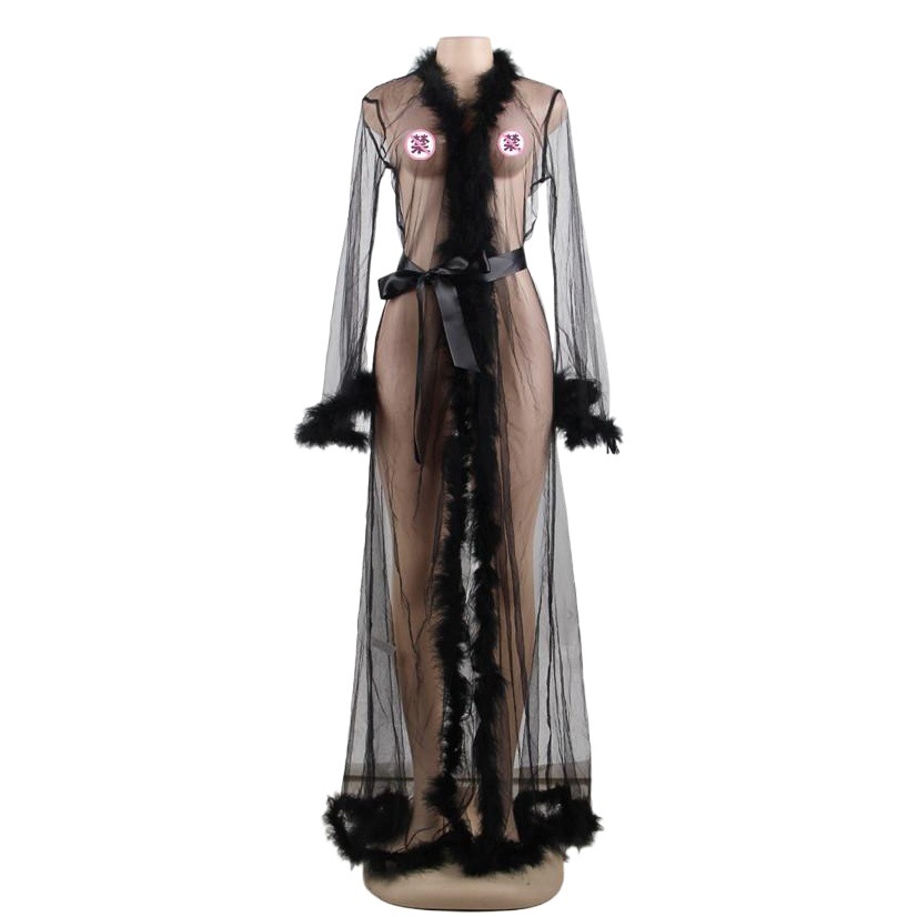 Nuevo comercio exterior de Europa y América más tamaño lencería sexy felpa pluma manga larga camisón al por mayor 80759