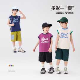 新款男童纯棉坎肩背心儿童短袖t恤中大童夏季洋气上衣一件代发