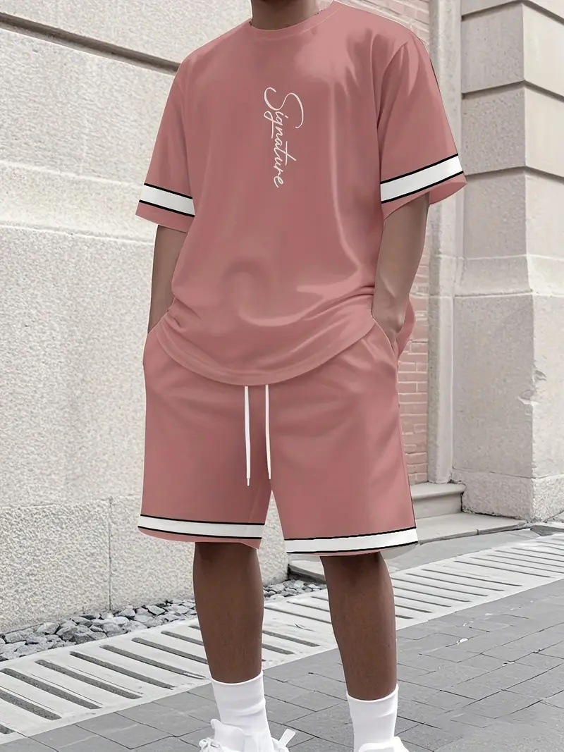 Men's Summer Gradient Letter 3D Digital Print T-Shirt And Shorts Set Trendy Casual Basic Comfortable Two-Piece Outfit_viptrois.com