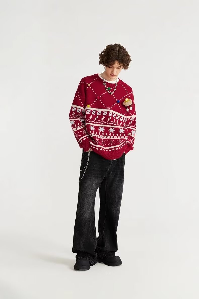Men's Sweater Knitted Pullover Round Neck Autumn Winter Red Tops_voghion.com