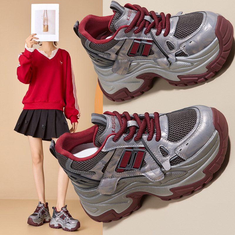 爆款老爹鞋女增高2025新款秋冬显脚小松糕厚底真皮小个子运动女鞋