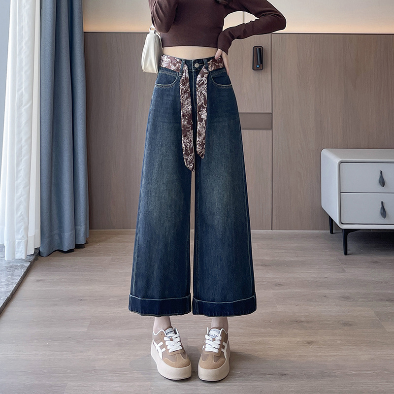 Retro Dark Blue High-Waisted Wide-Leg Jeans for Women 2025 Autum Loose Slimming Look Draped Casual Nine-Point Straight Pants