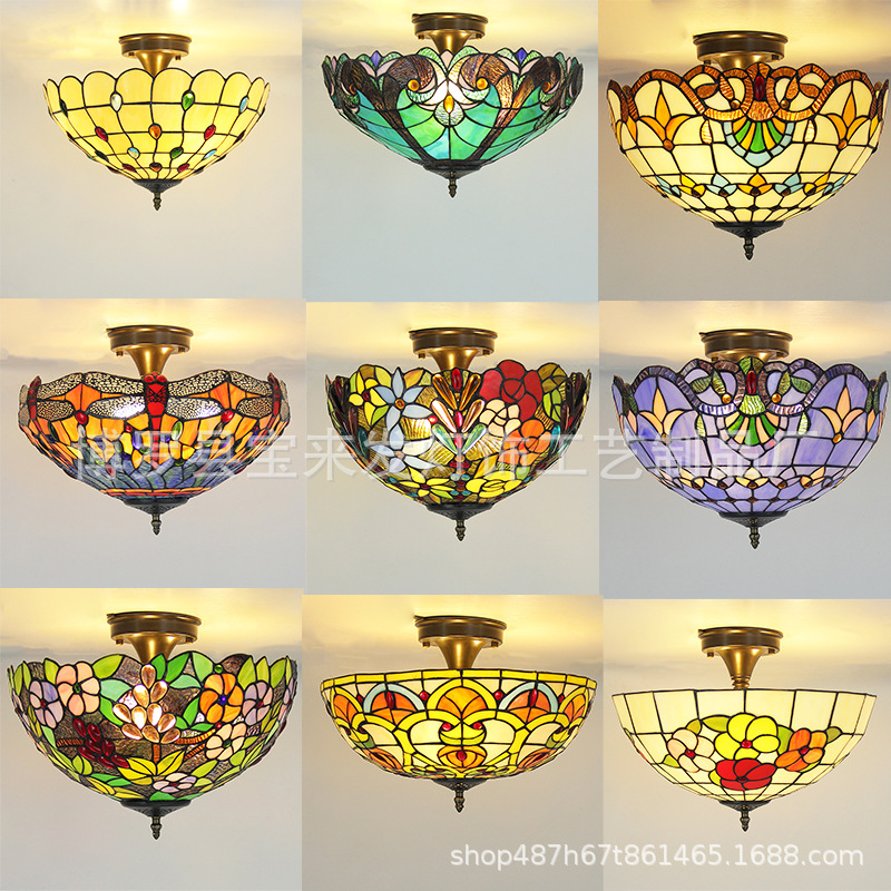 Old Shanghai Retro Ceiling Lamp Glass European Living Room Lamp Restaurant Dining Room Stained Glass Warm Creative Luxury